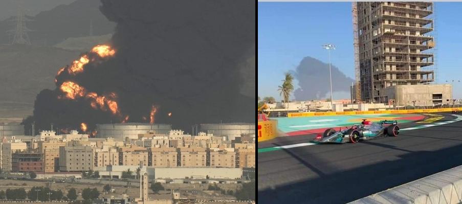 A fumaça preta da explosão na refinaria da Aramco pôde ser vista da posta do circuito de Fórmula 1 em Jeddah (Facebook / Reprodução)