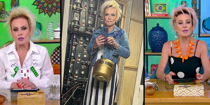 A apresentadora Ana Maria Braga protesta contra aumentos de preços usando colares e bolsa curiosos (Globoplay / Reprodução e Instagram / anamaria16 / Reprodução)