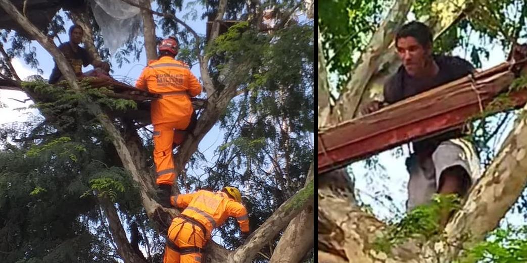 O morador de rua foi contido pelos Bombeiros após uma hora de resgate (Facebook / Reprodução)