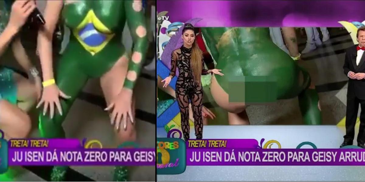 Durante entrevista ao vivo em 2017, na RedeTV!, a modelo Ju Isen acabou mostrando o ânus (Facebook / Reprodução)