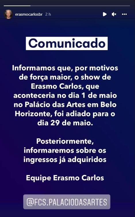 Equipe de Erasmo Carlos avisa em postagem no Instagram que artista adiou apresentação em BH (Instagram / Reprodução)