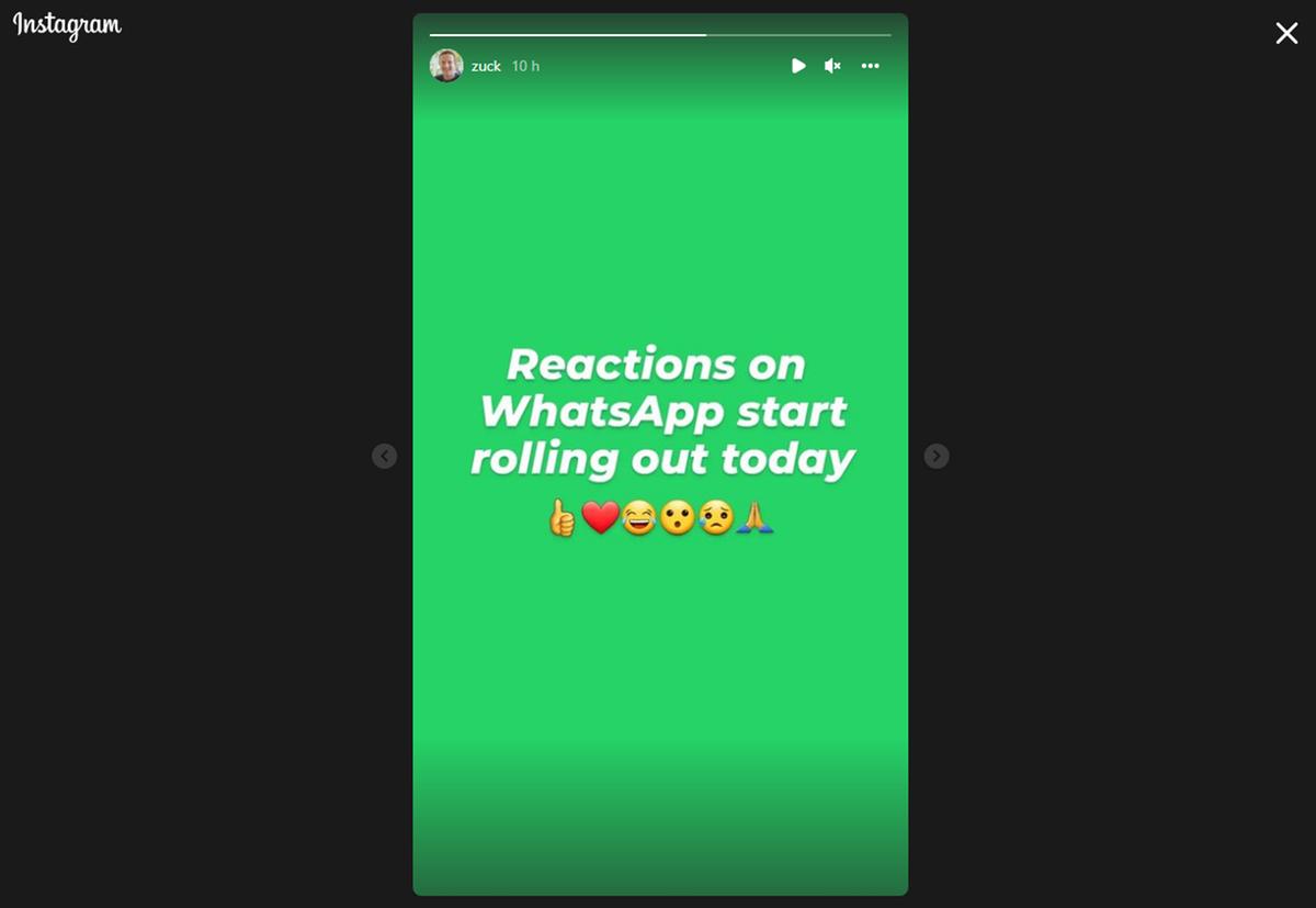 Nos Stories do Instagram, Mark Zuckerberg anuncia a nova funcionalidade do WhatsApp (Instagram / zuck / Reprodução)