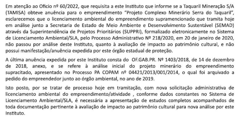 Ação do MPMG cita ofício do Iepha sobre licenciamento ambiental do “Projeto Complexo Minerário Serra do Taquaril” 