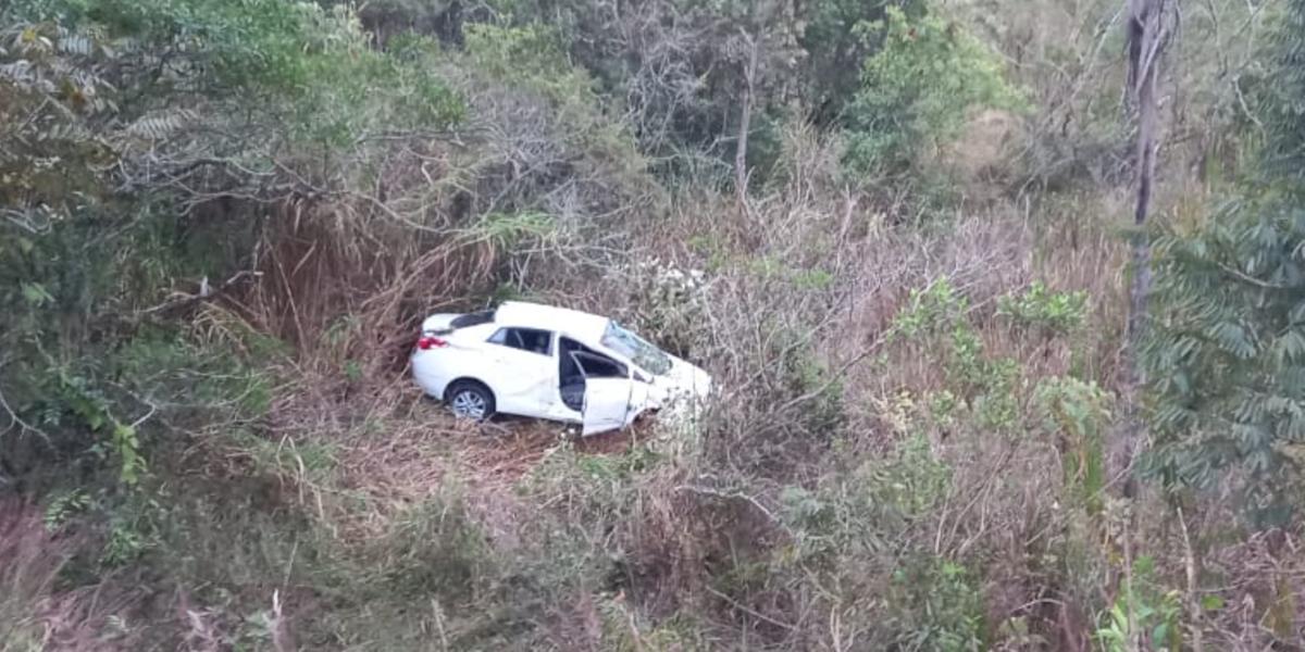 Carro capota em barranco após desviar de cão na BR-040 (Bombeiros / Divulgação)
