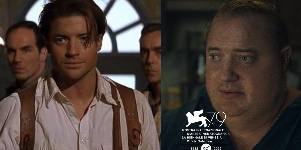 Comparativo de Brendan Fraser em A Múmia (1999), na esquerda, e A Baleia, que ainda terá estreia mundial em Veneza (Universal Pictures / Reprodução e Twitter / A24 / Reprodução)