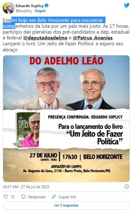 Político já havia anunciado que estaria em BH em sua conta no Twitter (Reprodução/Twitter)