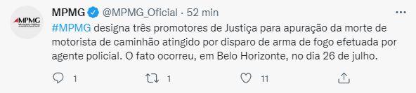 Ministério Público fez o comunicado na noite desta quinta (28) (Twitter MPMG/Reprodução)