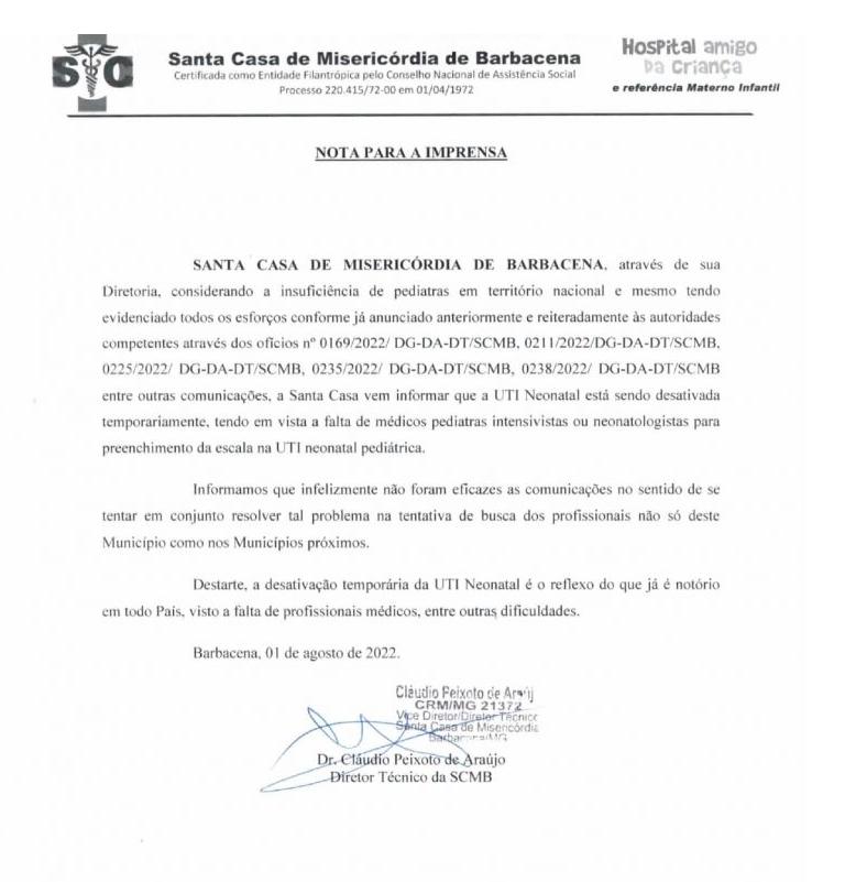 (Santa Casa de Barbacena / Reprodução)