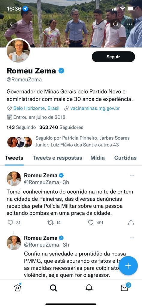 Tweet de Romeu Zema sobre vídeo que mostra violência de policial ao imobilizar suspeito (Tweeter / reprodução)