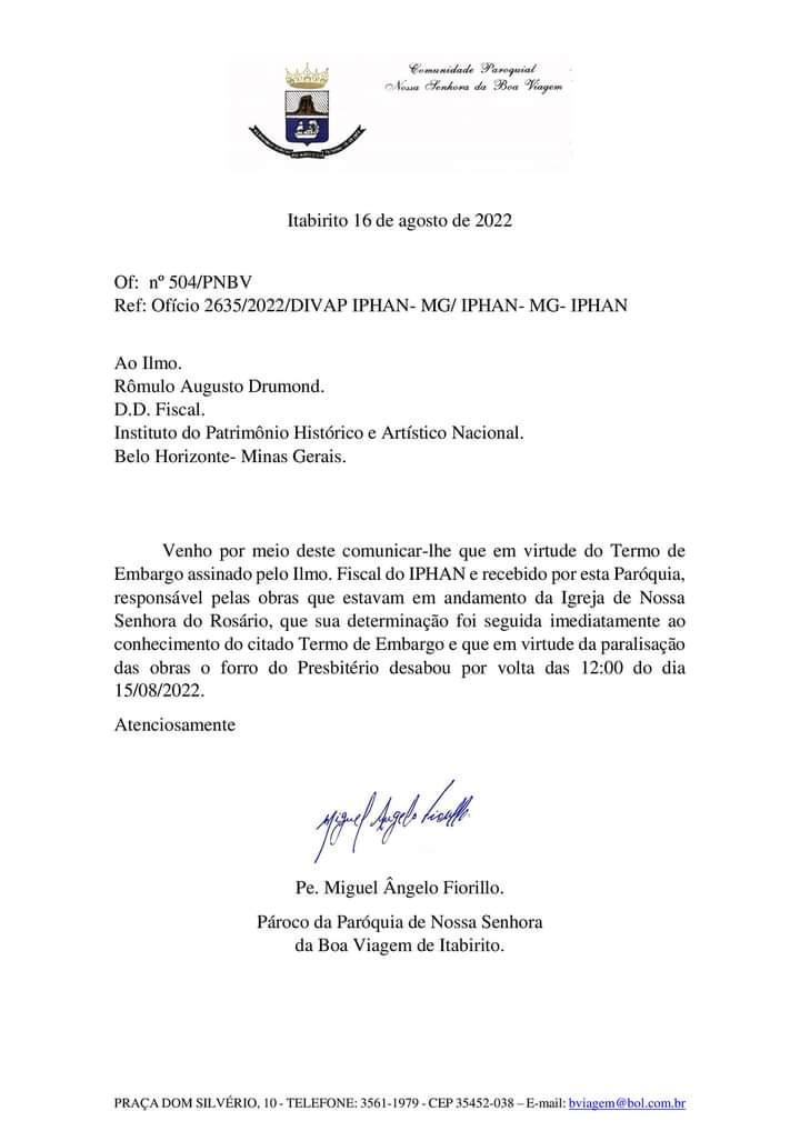 Ofício enviado pelo padre Miguel ao Iphan (Miguel Ângelo Fiorillo/Facebook)