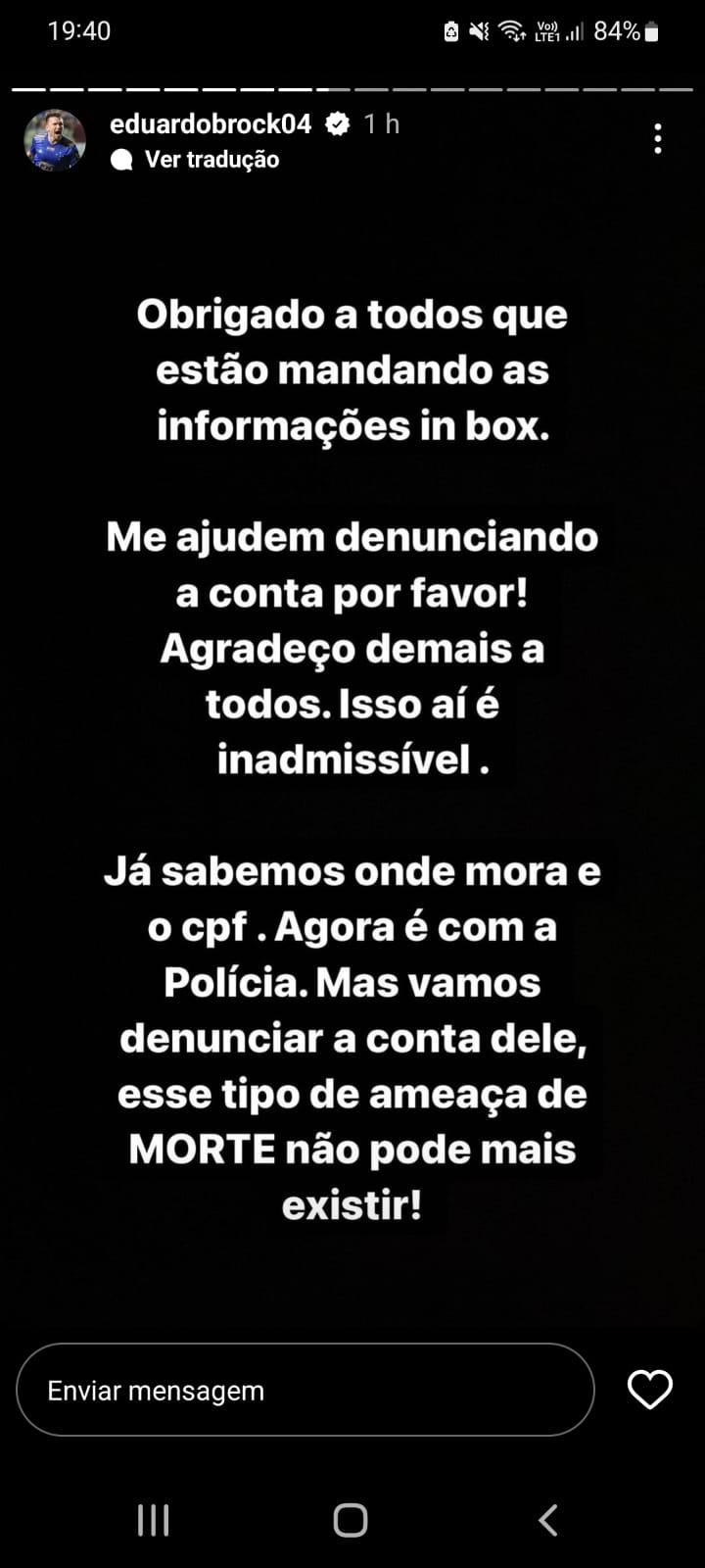 Resposta de Brock após ameaça (Reprodução/Instagram)