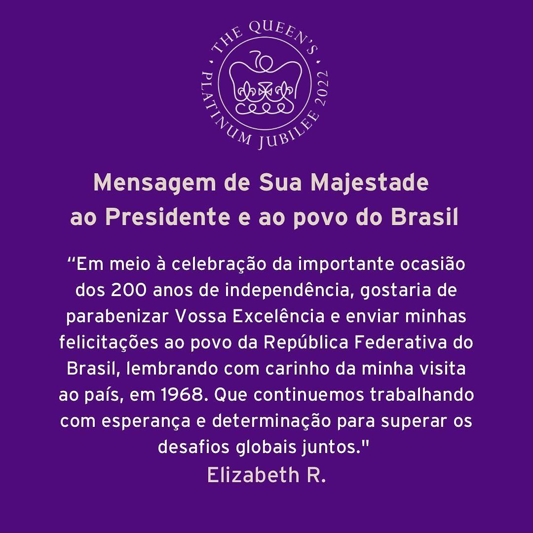 Última mensagem oficial da monarca felicitou bicentenário do Brasil (U.K in Brazil / Instagram / Reprodução)