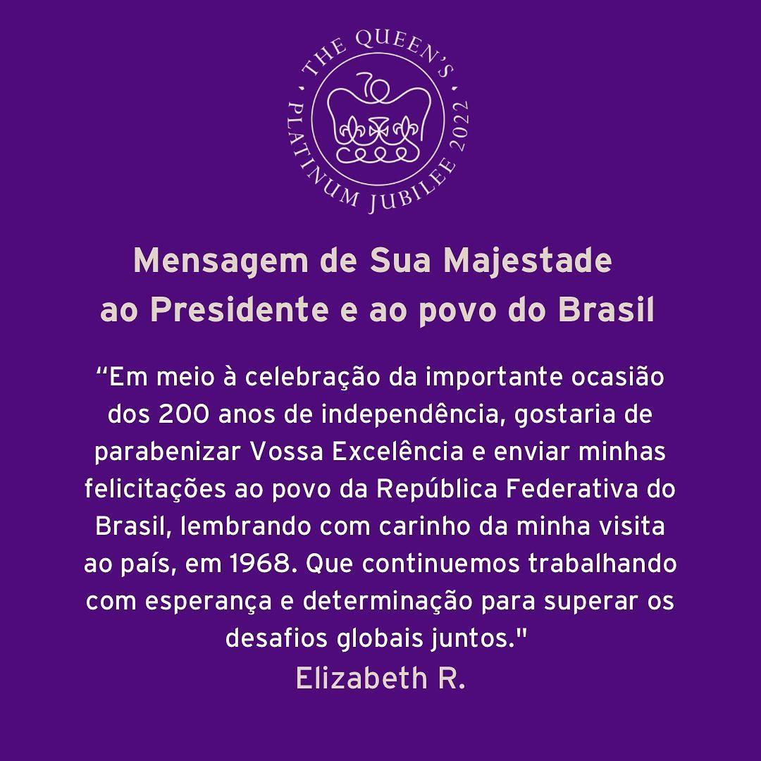 Última mensagem oficial da monarca felicitou bicentenário do Brasil (U.K in Brazil / Instagram / Reprodução)