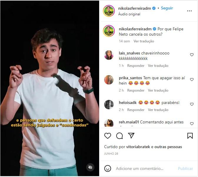 Justiça manda vereador Nikolas Ferreira apagar post com vídeo que usa imagem de Felipe Neto (Redes Sociais / Reprodução)