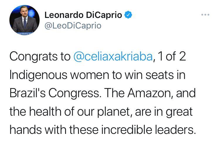 Eleita, Célia Xakriabá é parabenizada por Leonardo DiCaprio