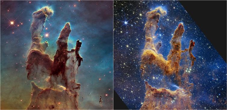 À esquerda, imagem dos Pilares da Criação feitas pelo telescópio Hubble e, à direita, a do James Webb (Nasa / Divulgação)