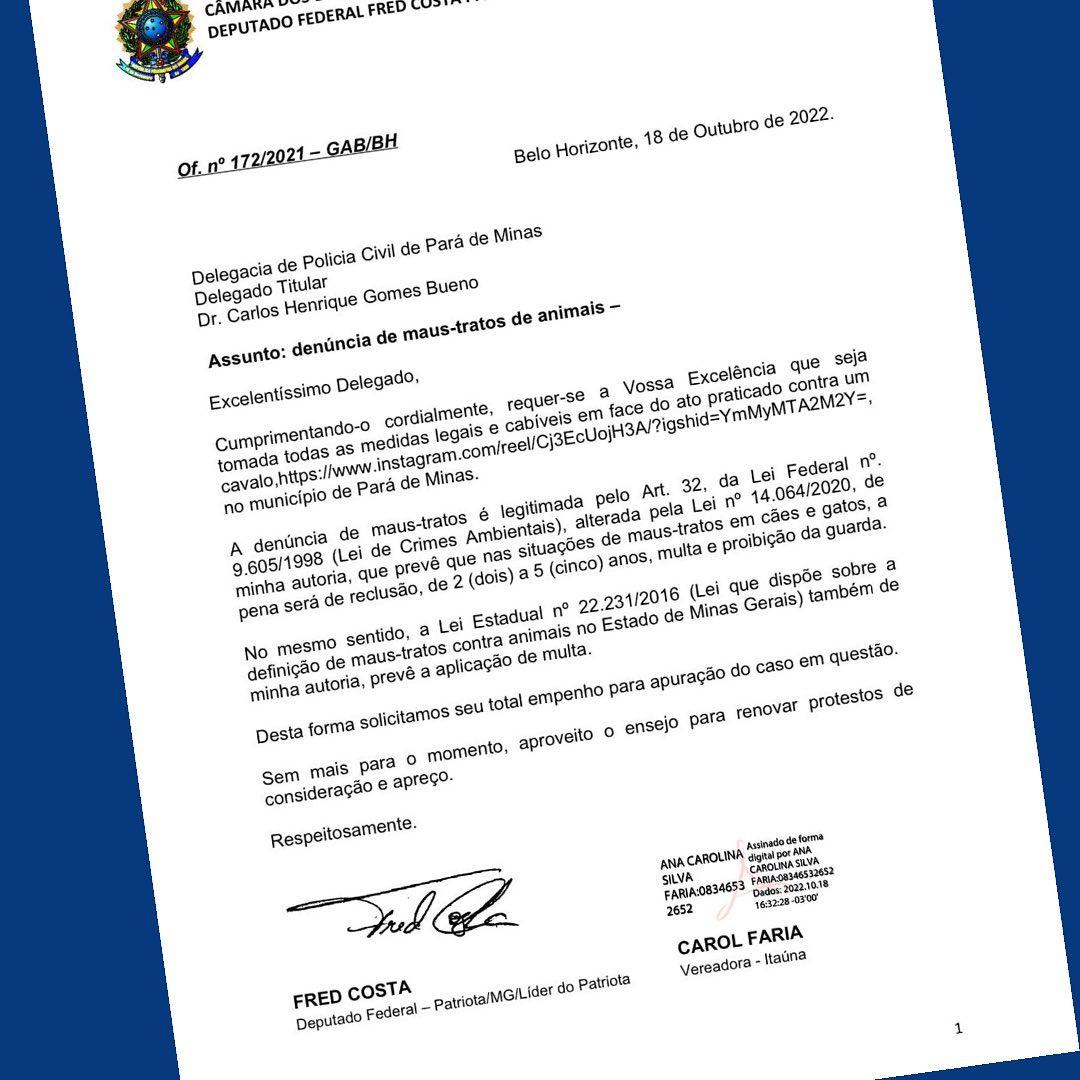 Boletim de ocorrência foi feito pelo deputado federal Fred Costa e pela vereadora Carol Faria (Instagram pará de Minas/Reprodução)