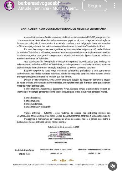 A advogada das vítimas, Bárbara Mascarenhas, publicou em suas redes sociais uma Carta Aberta (Reprodução/Redes Sociais)