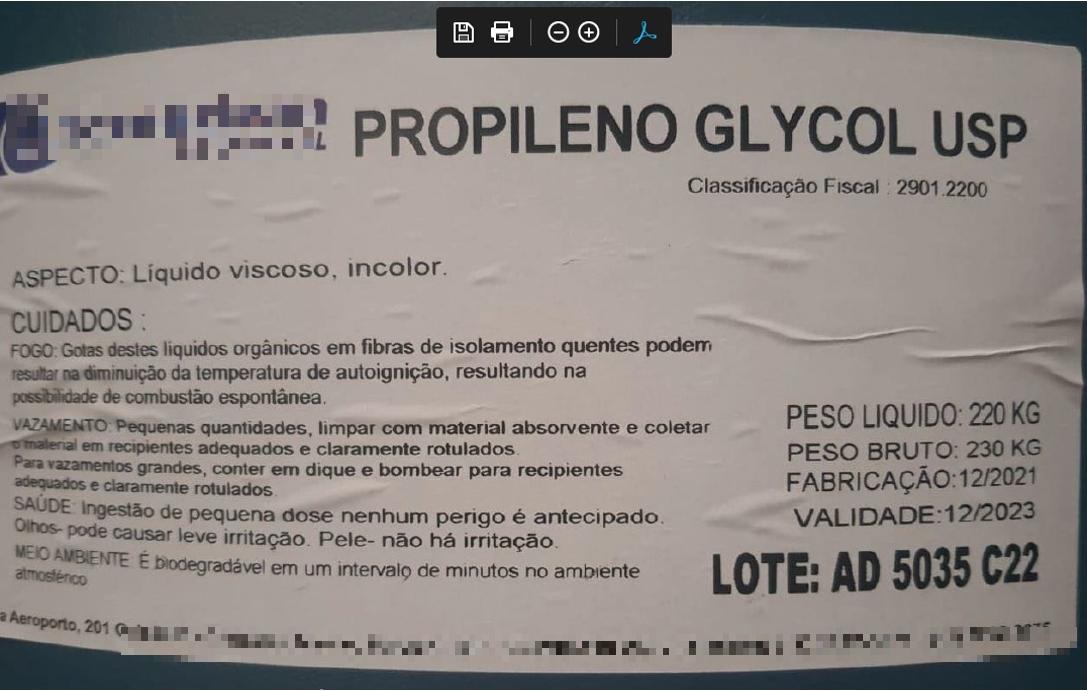 Rótulo traz "propileno glycol USP" em vez de "monoetileno glycol", segundo investigação do Ministério da Agricultura (Anvisa / Divulgação)