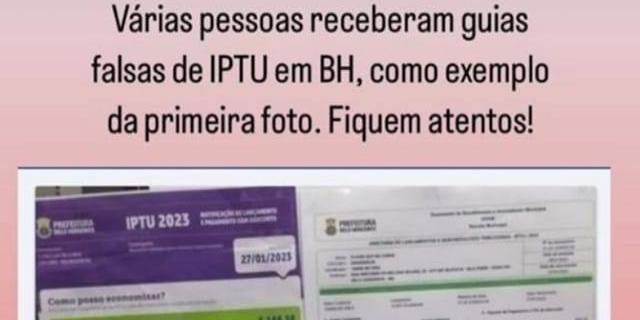 Mensagem falsa que circula nas redes sociais usa como "prova" o leiaute da guia do IPTU 2023 (Facebook / Reprodução)