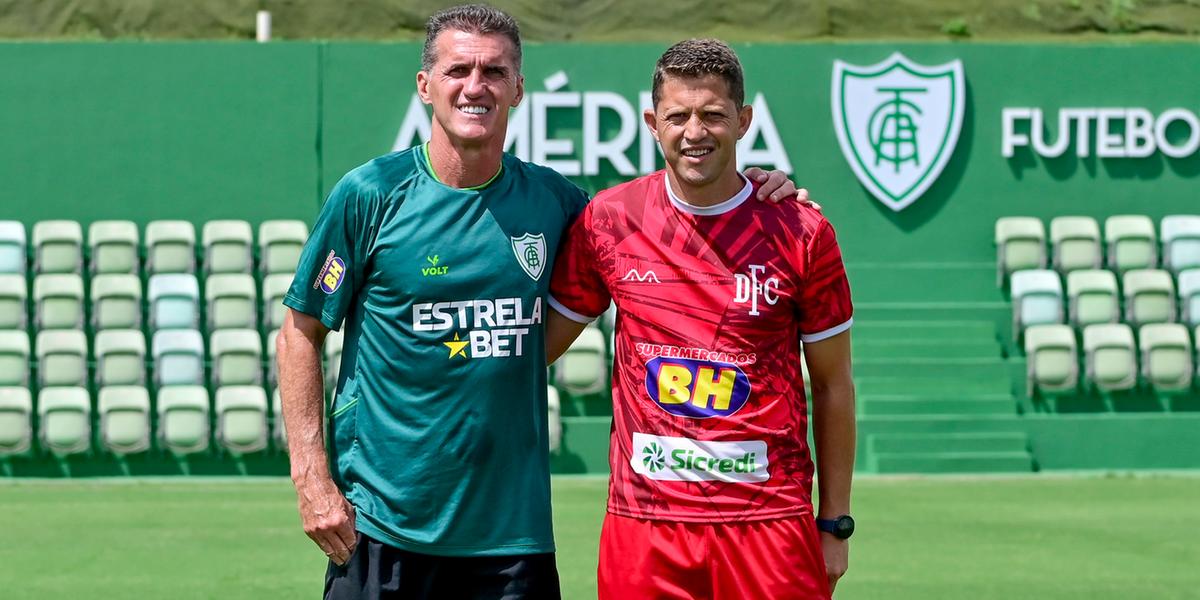 Vagner Mancini e Paulinho Guará, técnicos de América e Democrata-SL, respectivamente (Mourão Panda/América)