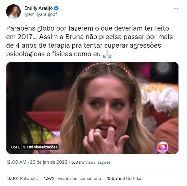 A ex-BBB Emilly Araújo apoiou a atitude da Rede Globo em relação ao casal Bruna Griphao e Gabriel (Redes Sociais / Reprodução)