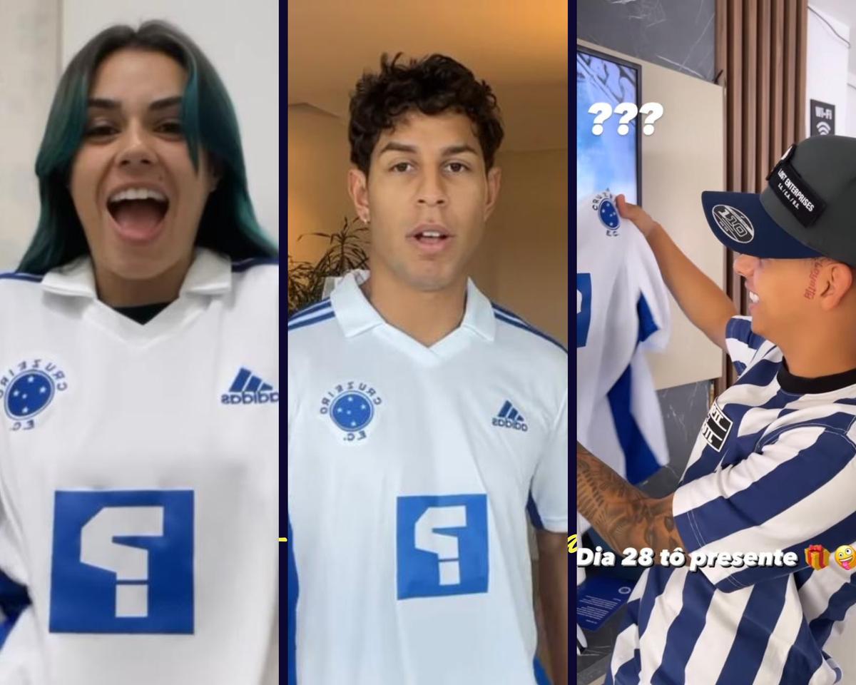 Jully Molina (E), Isaias (C) e MC Rick (D) com as camisas do Cruzeiro e o mistério do novo patrocinador (Reprodução)