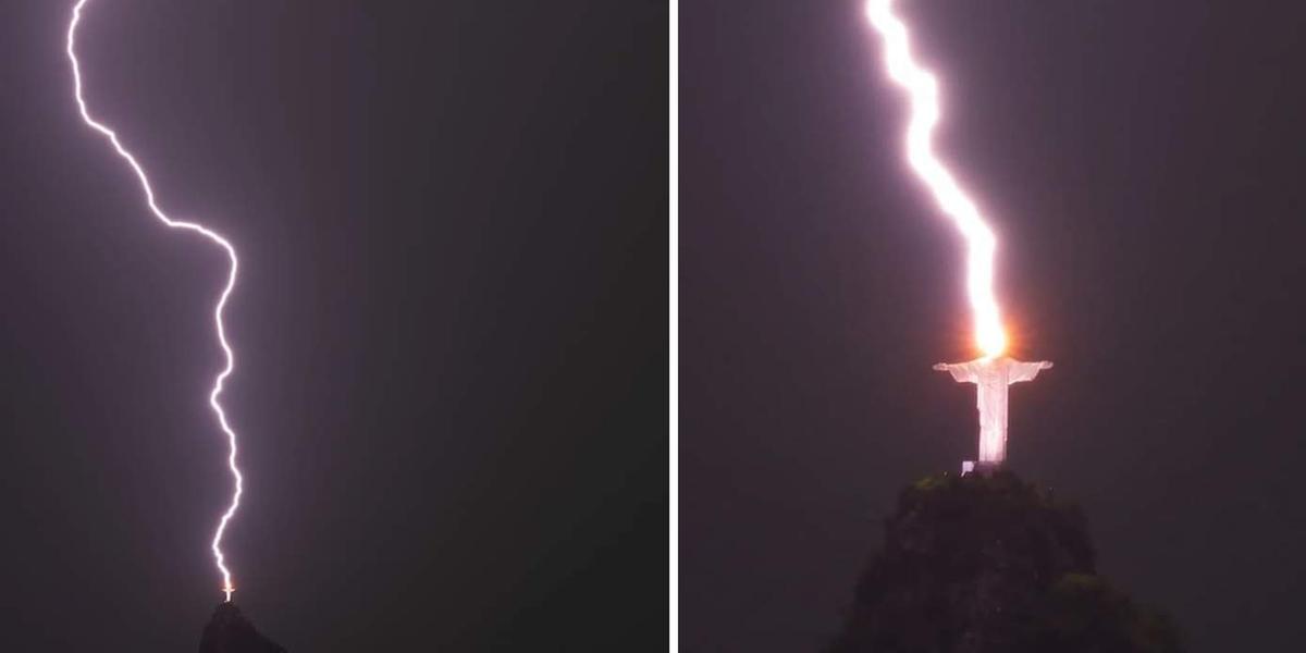Impressionante o flagrante do raio que atingiu o Cristo Redentor na última sexta-feira (10) (Instagram / fsbragaphotos / Reprodução)