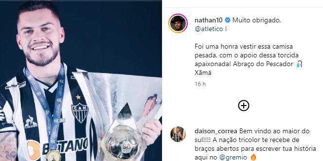 Mensagem de Nathan na despedida do Atlético (Reprodução)