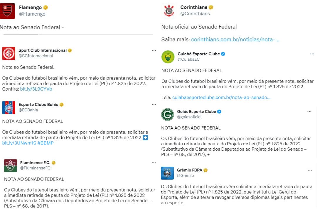 Clubes se unem para solicitar ao Senado Federal retirada da pauta que trata a nova Lei Geral do Esporte (Reprodução / Twitter)
