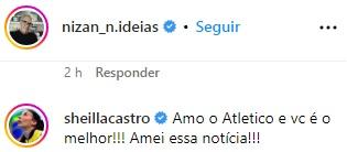 Sheila comemora chegada de Nizan ao Atlético (Reprodução /Instagram Nizan Guanaes)
