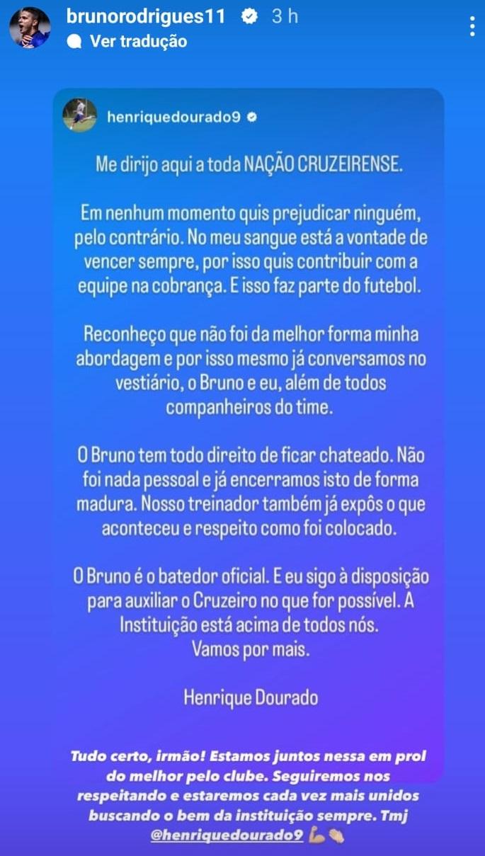 Bruno Rodrigues reposta mensagem de Dourado (Reprodução / Instagram Bruno Rodrigues)