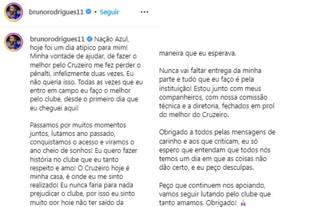 Bruno Rodrigues se desculpa com o torcedor por pênalti perdido e confusão com Ceifador (Reprodução / Instagram Bruno Rodrigues)
