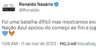 Ronaldo usa as redes sociais para valorizar desempenho do time contra o Flu (Reprodução / Twitter Ronaldo)