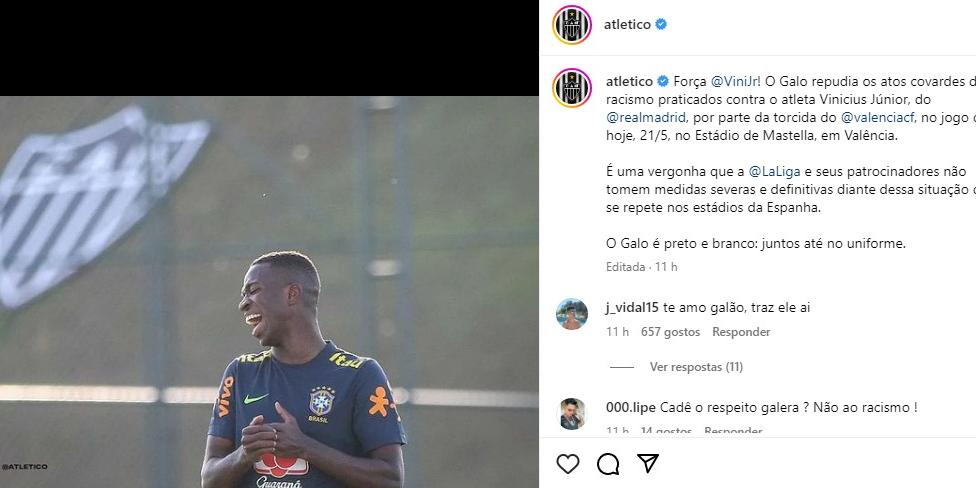 Atlético usou foto de Vini Jr. no CT do Galo, feita durante treino da Seleção Brasileira (Reprodução/redes sociais)