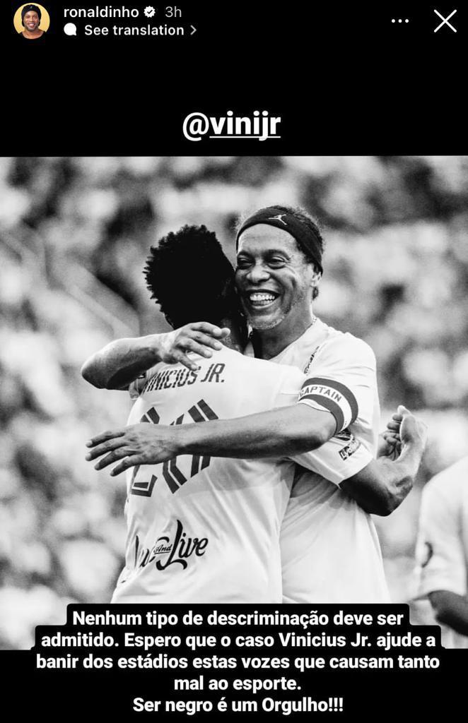 Mensagem de Ronaldinho em apoio a Vini Jr (Reprodução/Redes Sociais)