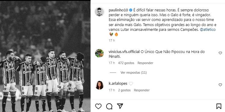 Paulinho usa as redes para afirmar que Galo vai se reerguer após eliminação (Reprodução / Instagram Paulinho)