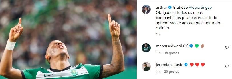 Arthur se despede de companheiros e torcida do Sporting (Reprodução / Instagram Arthur Gomes)