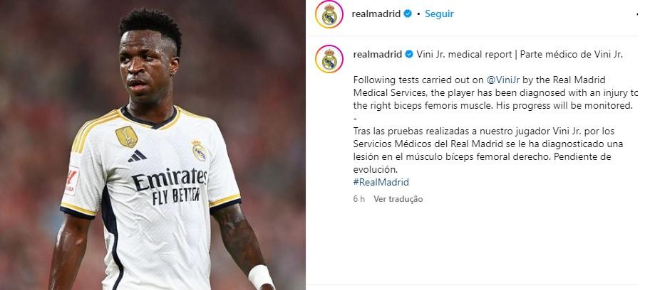 Real Madrid confirma lesão que pode tirar Vini Jr da abertura das Eliminatórias (Reprodução / Instagram Real Madrid)