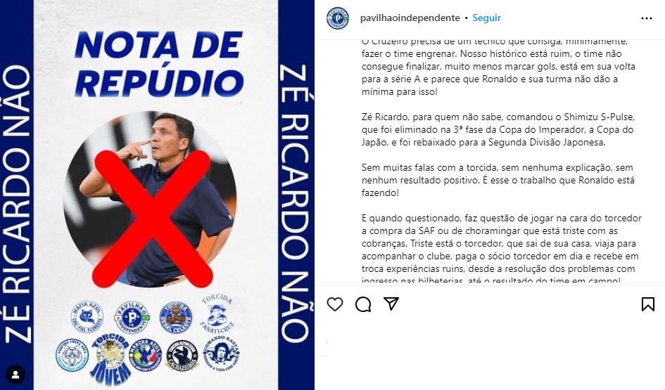 Organizadas protestam contra a possível contratação de Zé Ricardo (Reprodução / Instagram Pavilhão Independente)