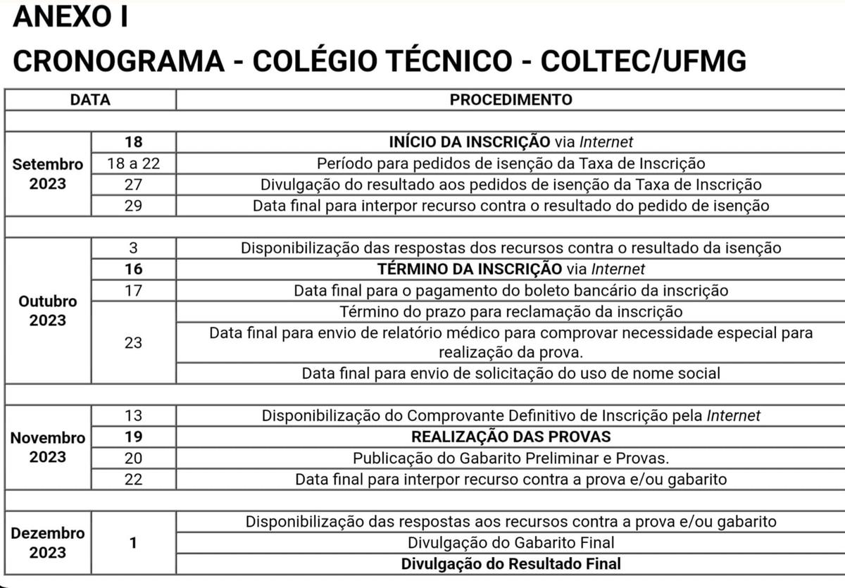 Cronograma do processo seletivo Coltec 2024 (UFMG / Arte)