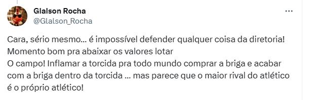 Torcida discorda de prelo de ingresso disponibilizado para duelo com o Cuiabá (Reprodução / Twitter Atlético)