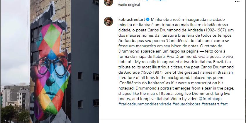 Painel com imagem de Carlos Drummond de Andrade em Itabira tem 32 metros (reprodução /Instagram)