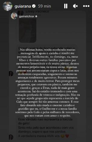 Arana reposta mensagem da esposa relatando medo no clássico (Reprodução / Instagram Guilherme Arana)