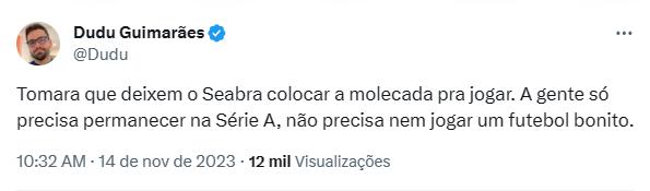Torcida confia em Seabra no comando do Cruzeiro ao lado de Paulo Autuori (Reprodução / Twitter Cruzeiro)
