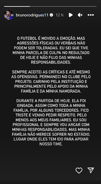 Pronunciamento de Bruno Rodrigues no Instagram, pedindo desculpas e respeito à família (Reprodução/ Redes Sociais)