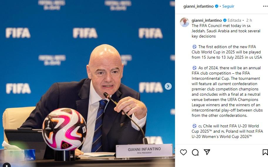 Presidente da Fifa valoriza novas medidas aprovadas pelo Conselho da entidade (Reprodução / Instagram Gianni Infantino)