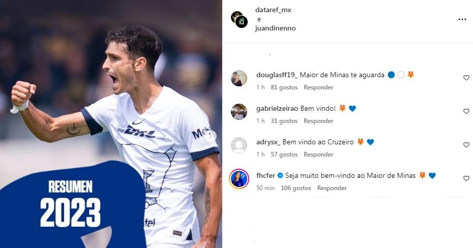 Cruzeirenses postam mensagens a Juan Dinenno, possível reforço (Reprodução / Instagram Juan Dinenno)