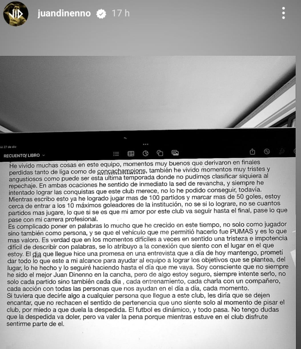 Dinenno publica longo texto nas redes sociais (Reprodução / Instagram Juan Dinenno)