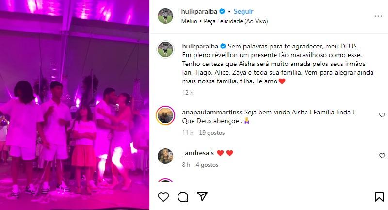 Hulk celebra a chegada de Aisha ao lado da família (Reprodução / Instagram Hulk Paraíba)